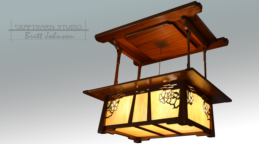 La Jolla Chandelier – Arts and Crafts lighting inspired by Greene & Greene with mahogany and glass