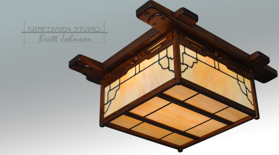 San Mateo ceiling fixture - Greene and Greene Reproduction lighting handcrafted with stained glass windows.