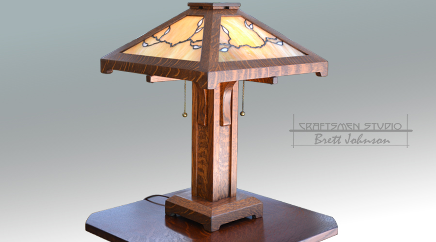 Vista Arts and Crafts wood lamp with stained glass. Handcrafted from Craftsmen Studio
