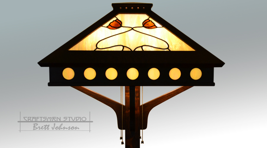 Riverview floor lamp with poppy stained glass shade option showing warm glowing light