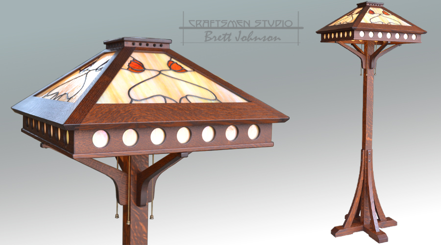 Riverview Arts and Crafts floor lamp — handcrafted from quarter-sawn white oak with Peterson viewport hole detail and amber mica shade by Craftsmen Studio